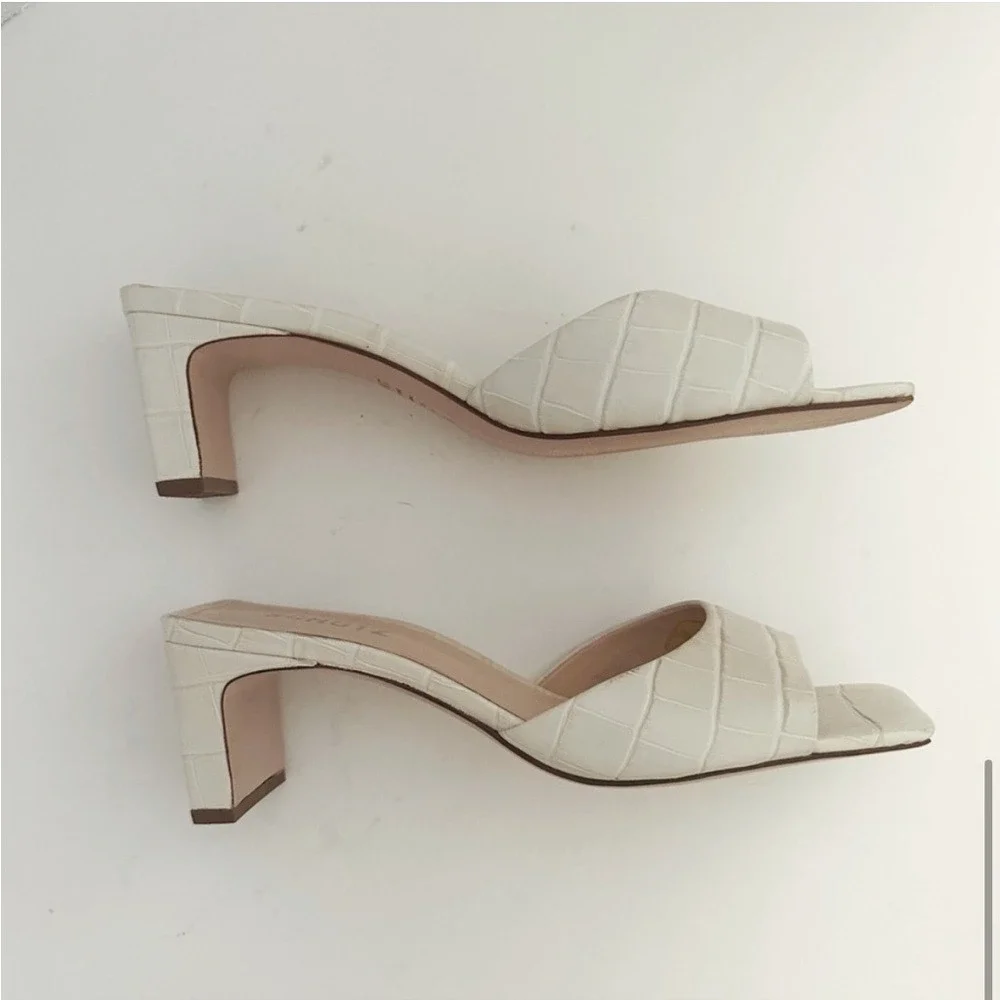 Schutz The Queliana Croc Embossed Mule Block Heel Slip-On Sandal,White, Size 8.5